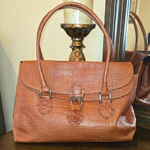 Desmo Cognac Brown Genuine Leather Crocodile-Embossed Satchel